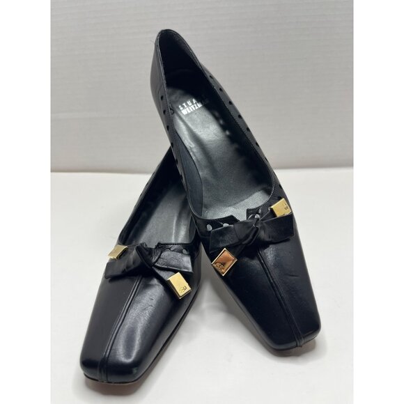 Stuart Weitzman Square Toe Leather Kitten Heel Bow Shoes Pump‎ Size 6.5 Black - Picture 3 of 9